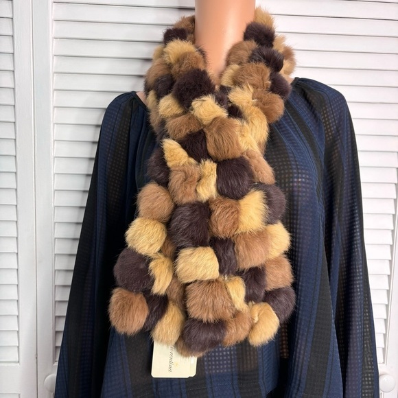 LA FIORENTINA Genuine Brown Rabbit Pom Pom Scarf - Picture 1 of 6